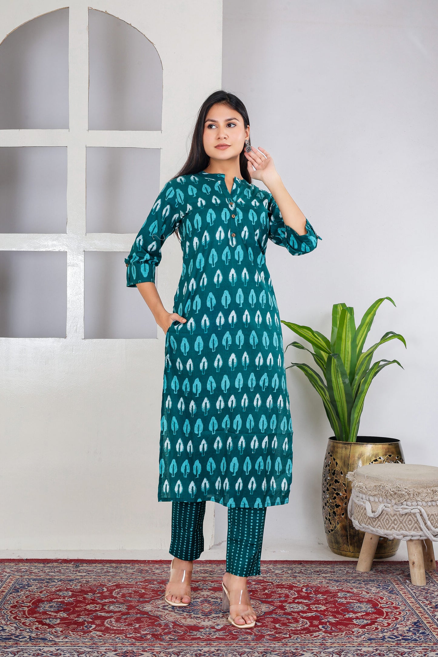 Bottle green leaf print kurta pant set