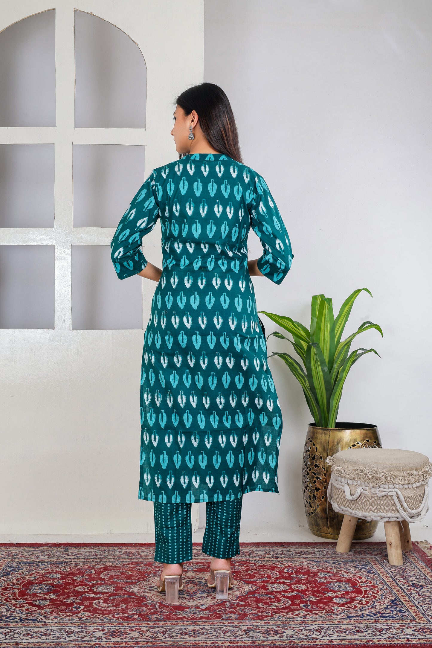 Bottle green leaf print kurta pant set