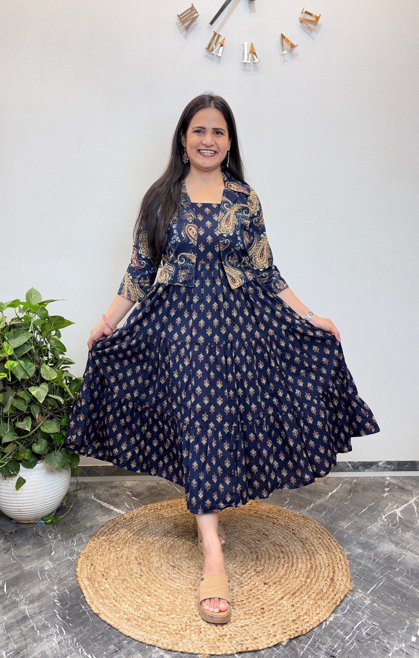 "Chaahat" Floral Cotton Dress with Printed Jacket
