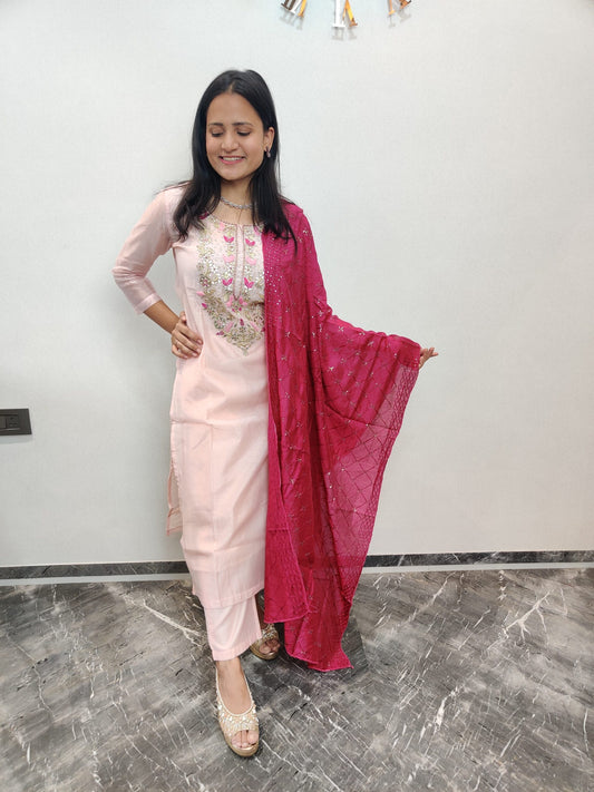 Chanderi Silk Suit Set With Handwork