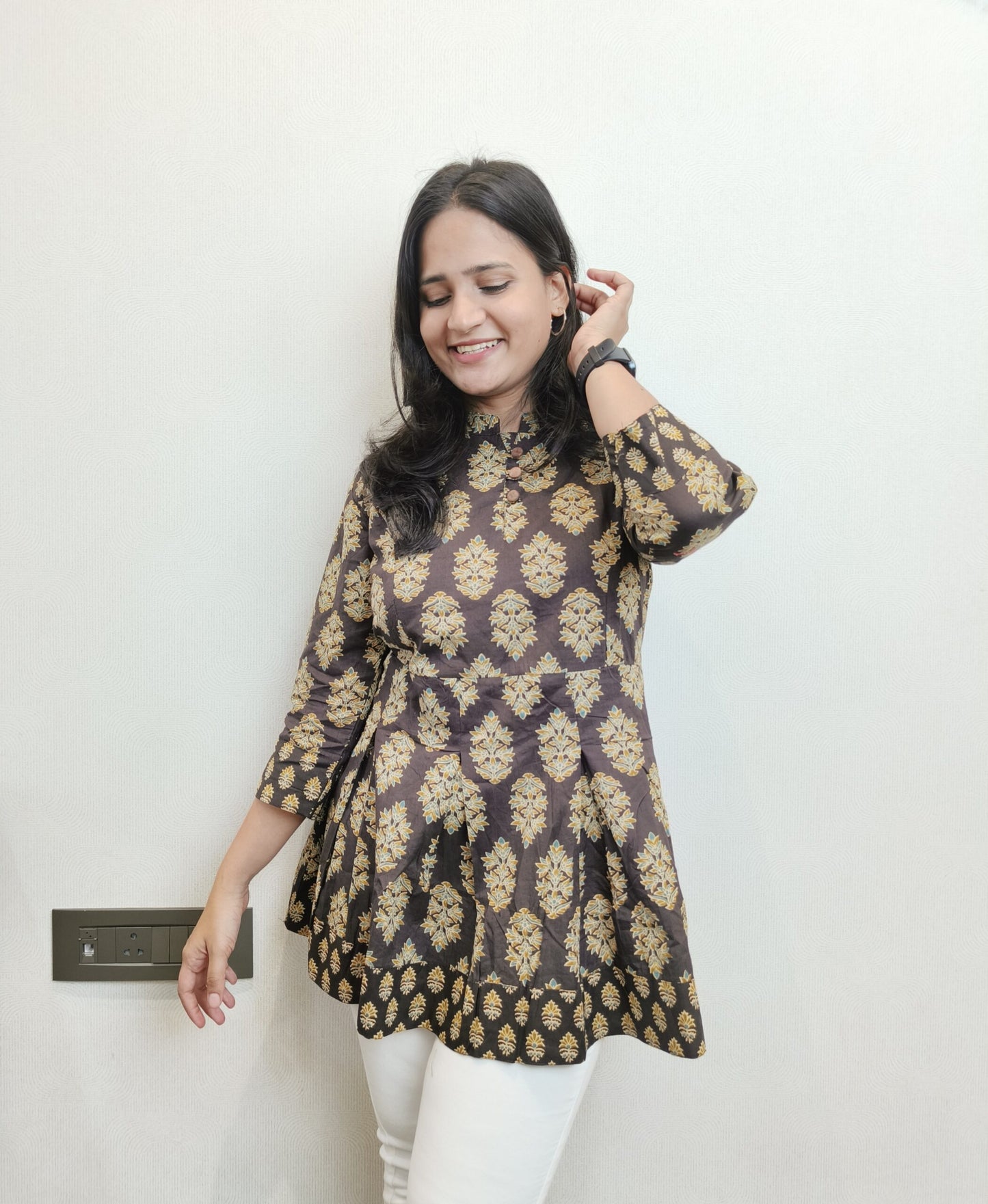 Coffee Brown motif printed Peplum short kurta