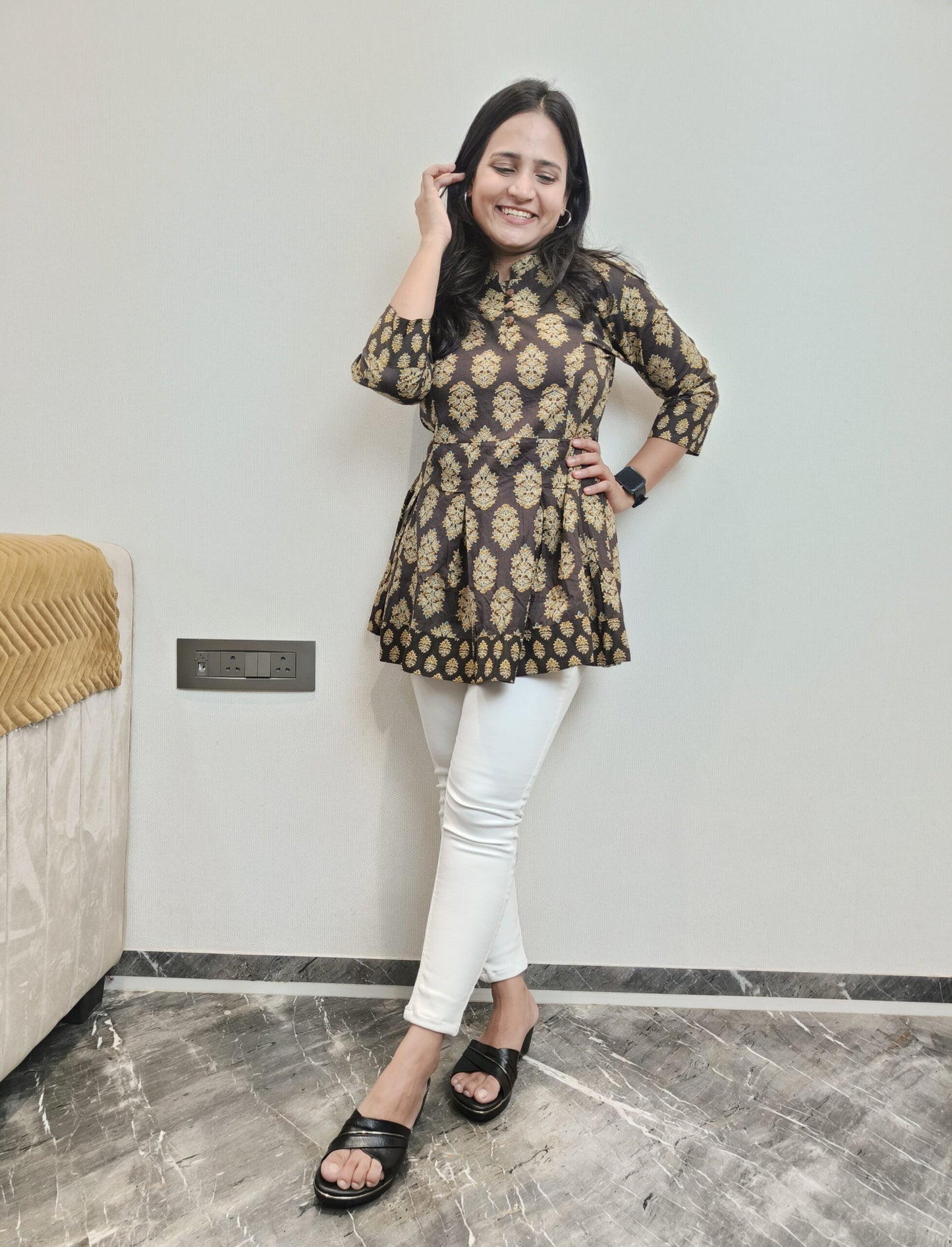 Coffee Brown motif printed Peplum short kurta