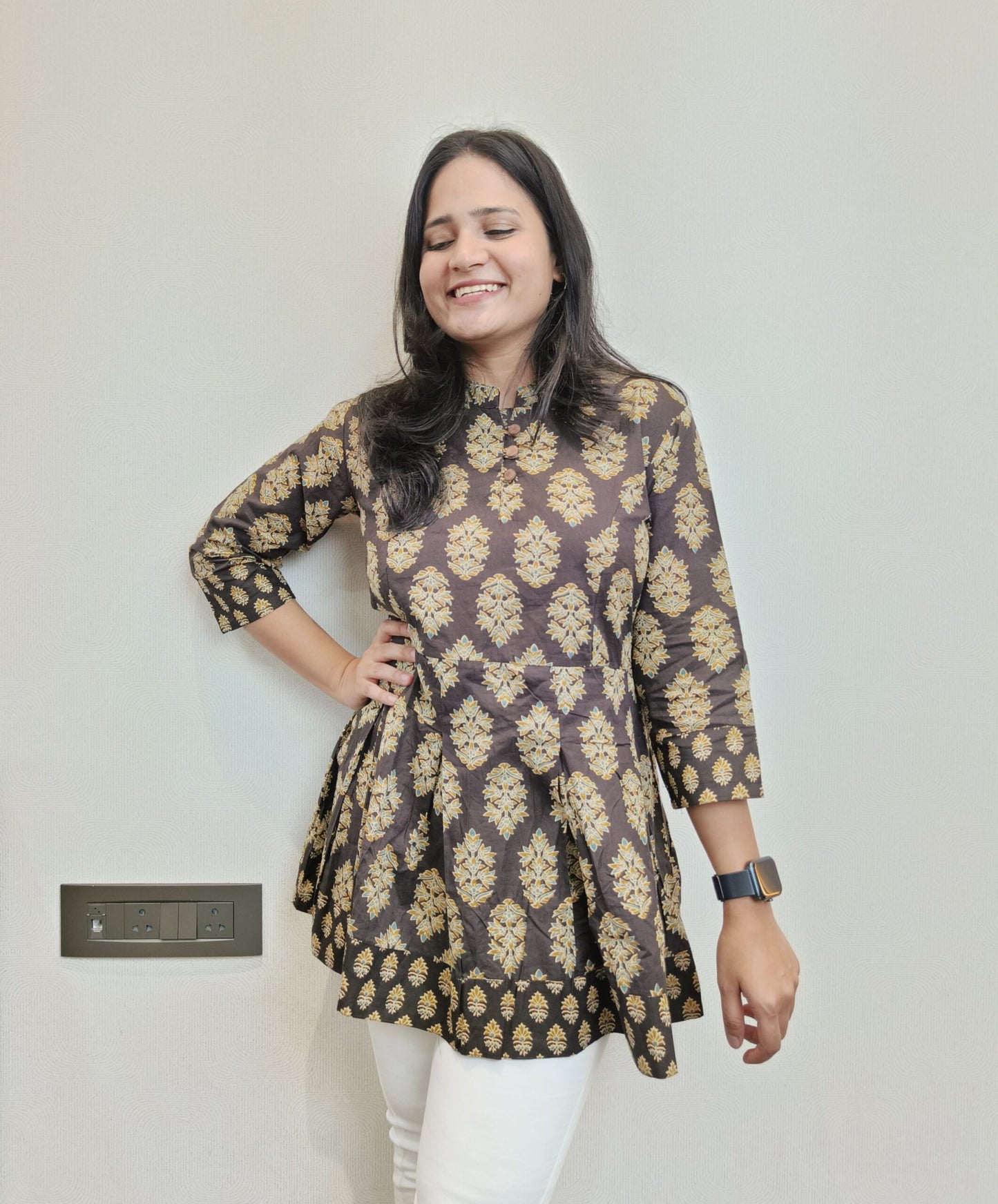 Coffee Brown motif printed Peplum short kurta