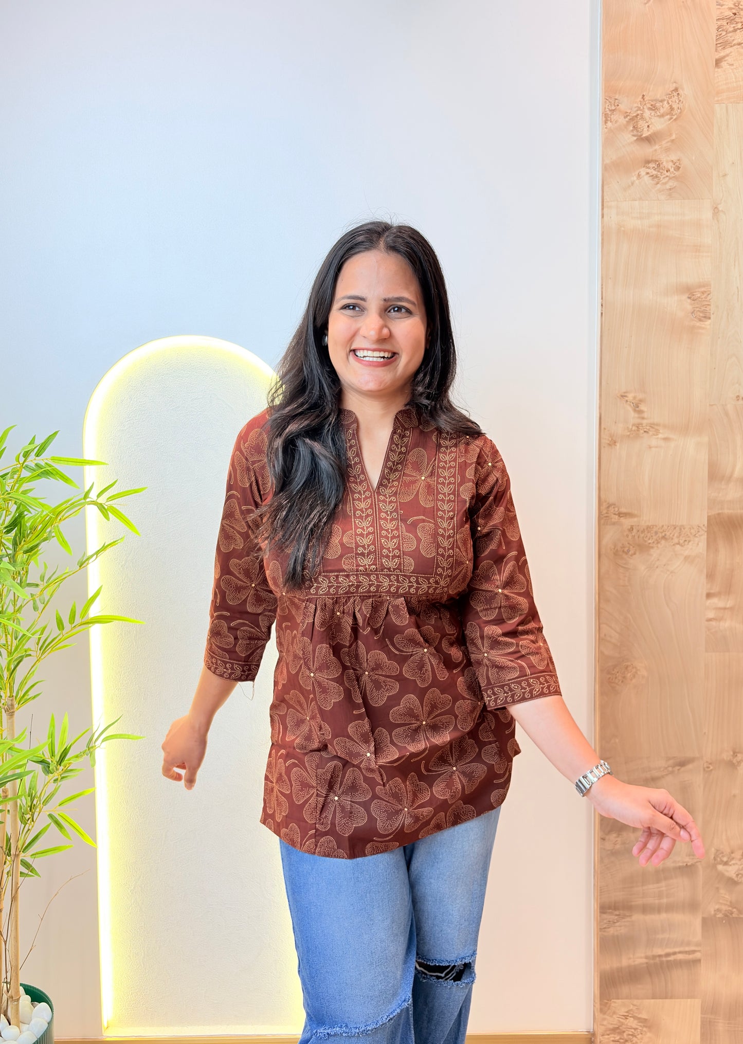 Coffee Brown Floral Printed Short Kurta