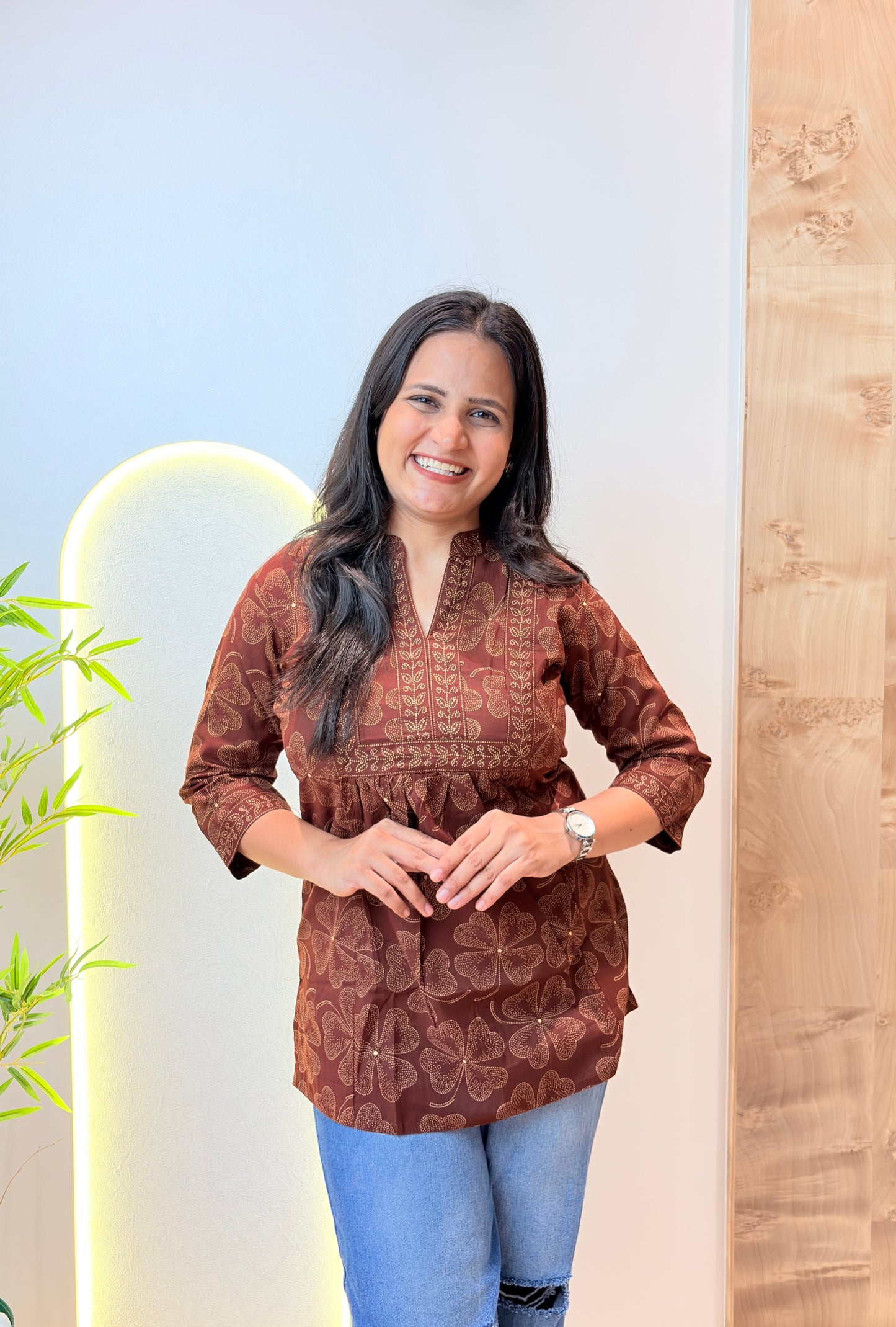 Coffee Brown Floral Printed Short Kurta