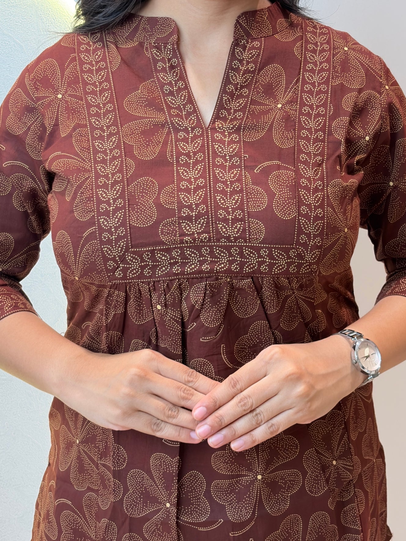 Coffee Brown Floral Printed Short Kurta
