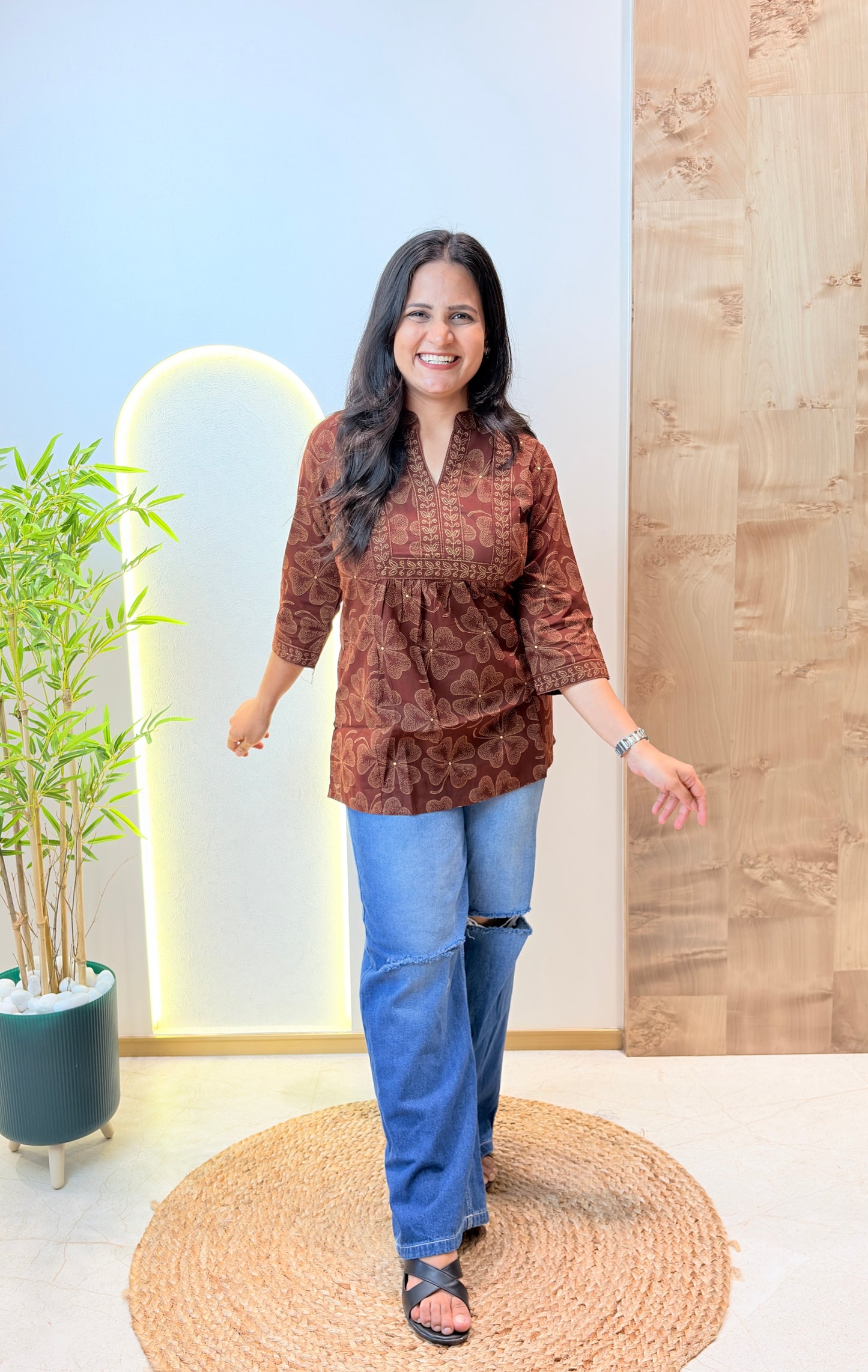 Coffee Brown Floral Printed Short Kurta