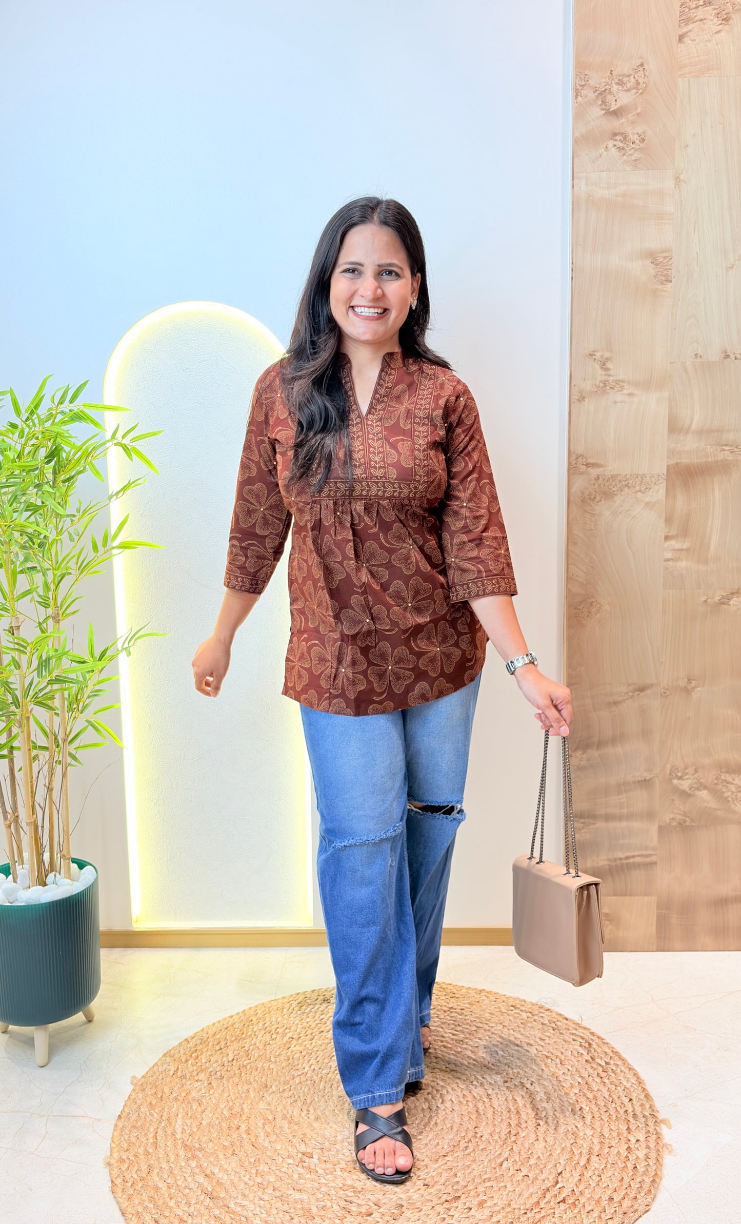 Coffee Brown Floral Printed Short Kurta