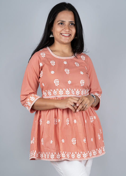 Coral Peach Chikankari Peplum Kurta