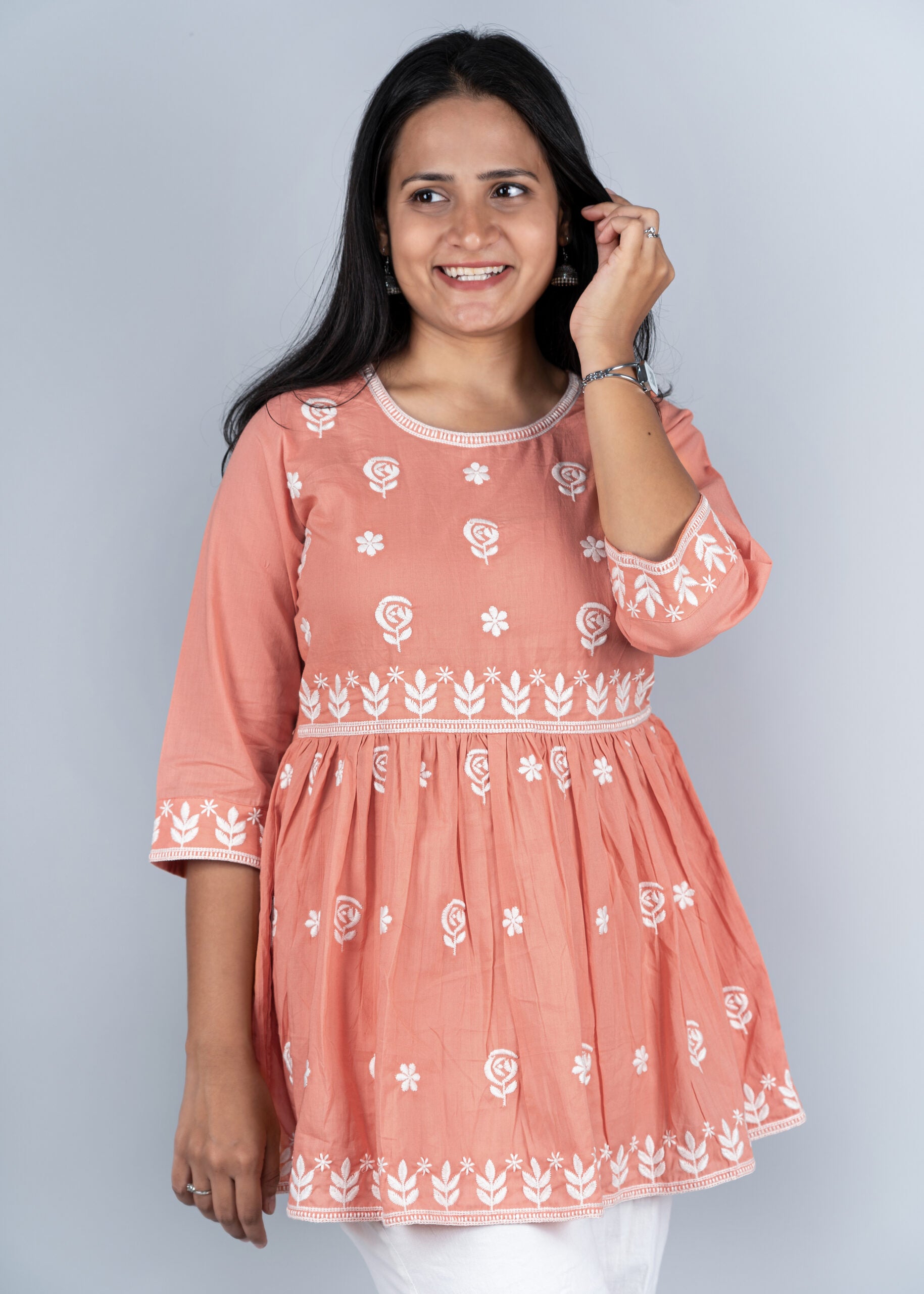 Coral Peach Chikankari Peplum Kurta Masang Coral Peach Chikankari Peplum Kurta Masang