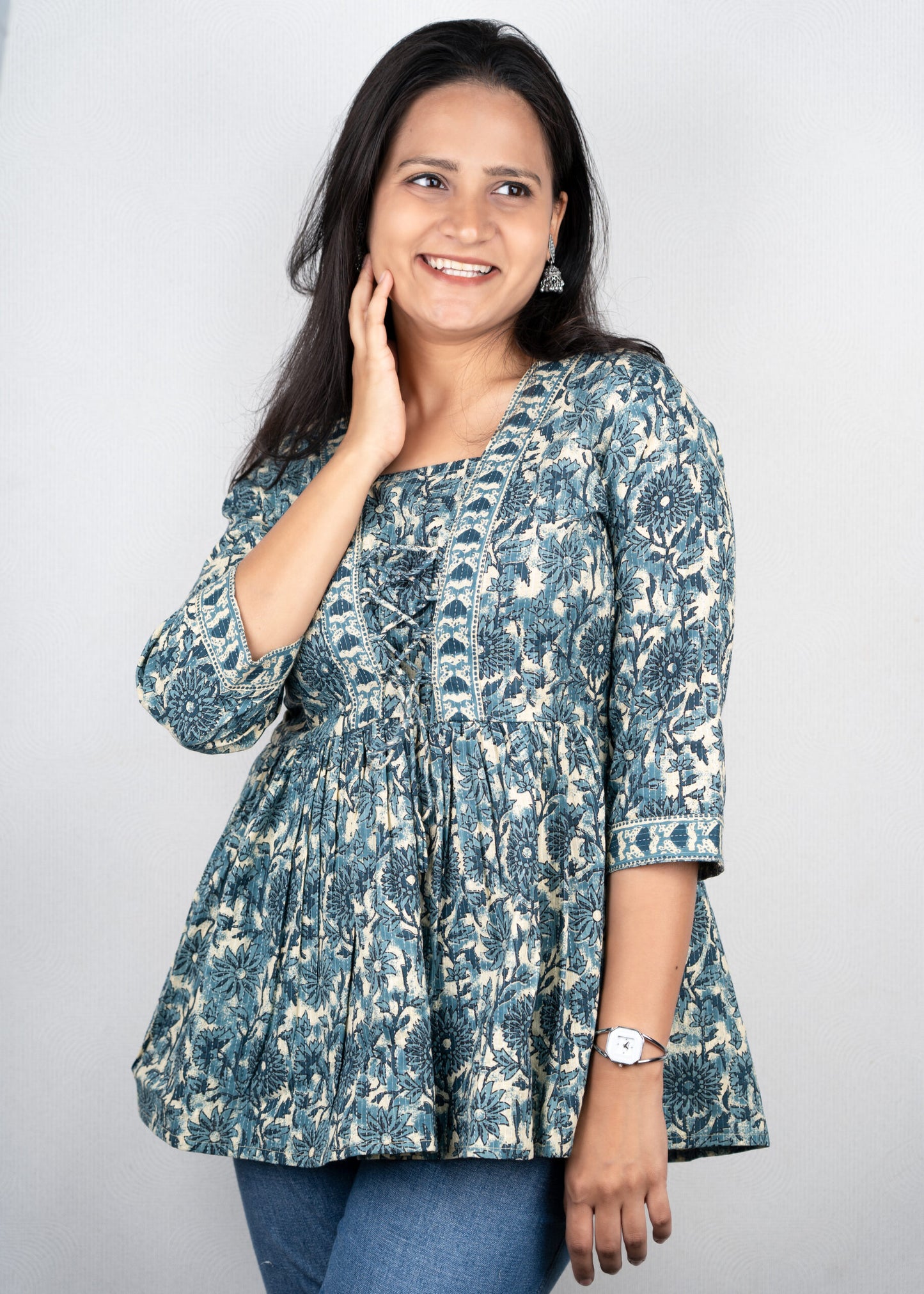 Cream and Blue Floral Kantha Peplum Top