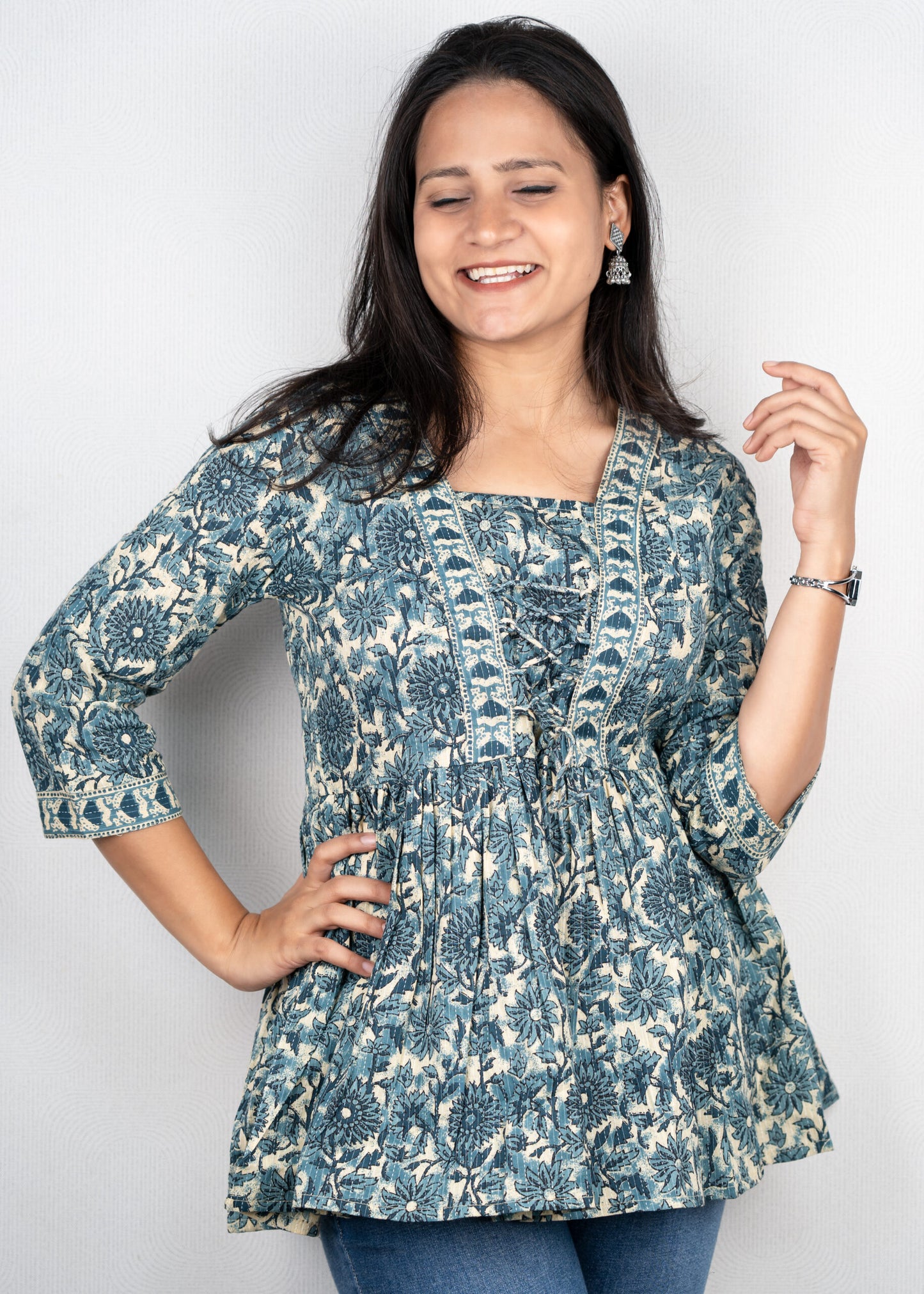 Cream and Blue Floral Kantha Peplum Top