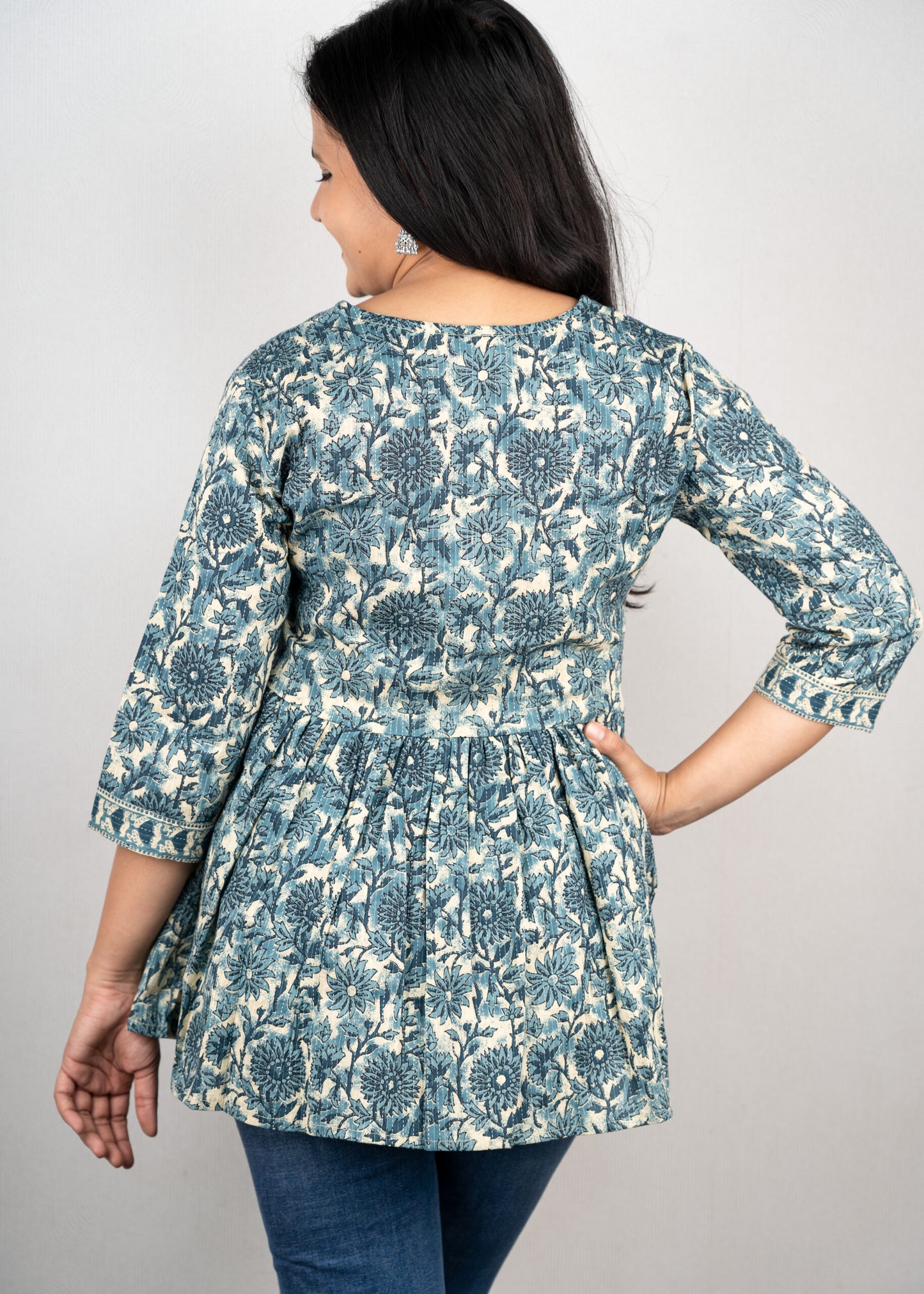 Cream and Blue Floral Kantha Peplum Top