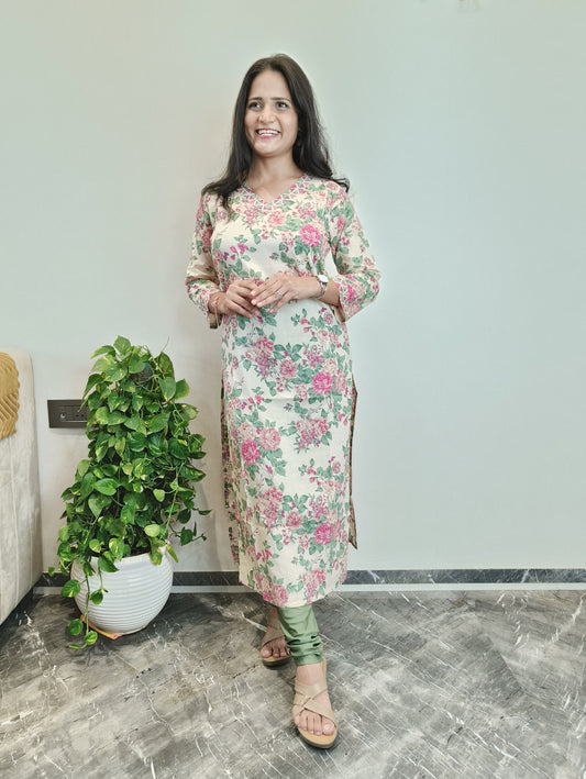 Cream floral printed long kurta