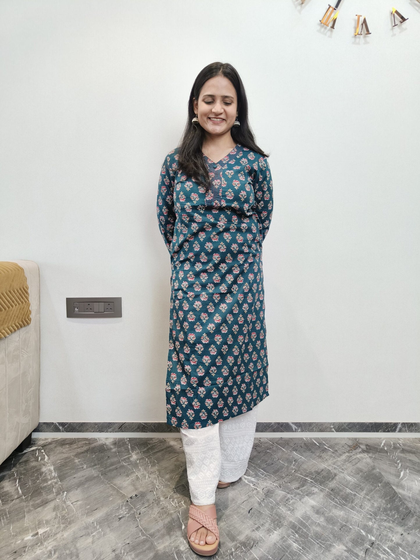 Peacock green with red floral printed long kurta