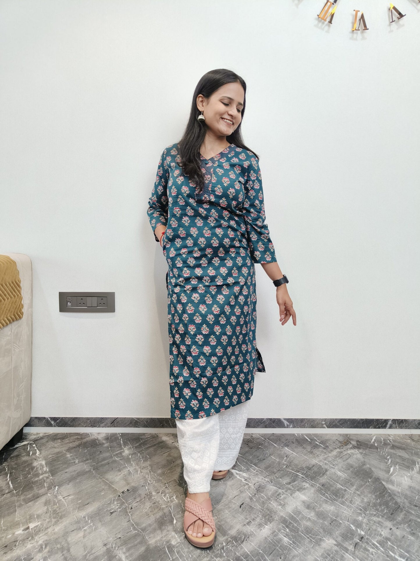 Peacock green with red floral printed long kurta