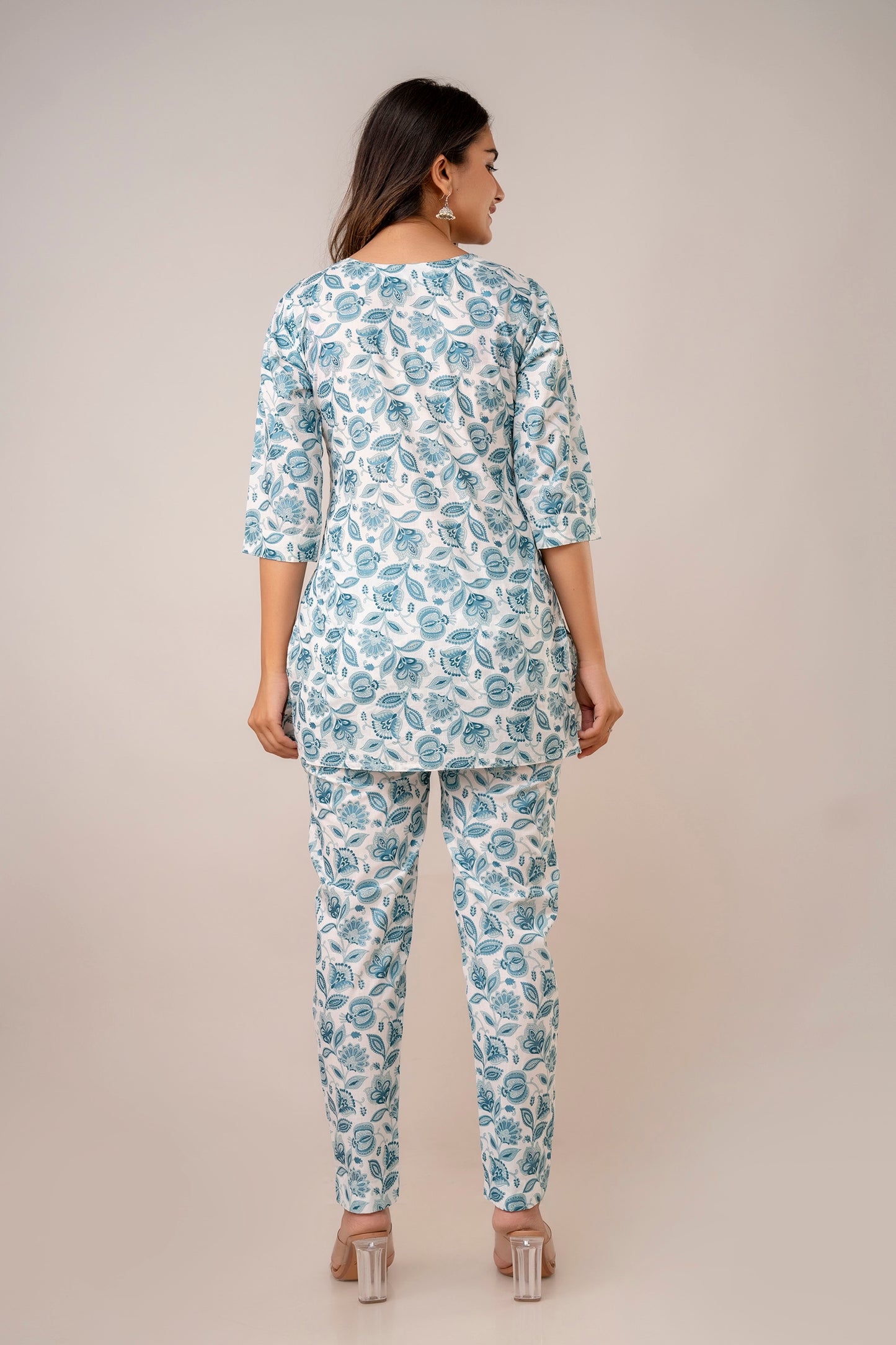 White and blue pure cotton floral co-ord set