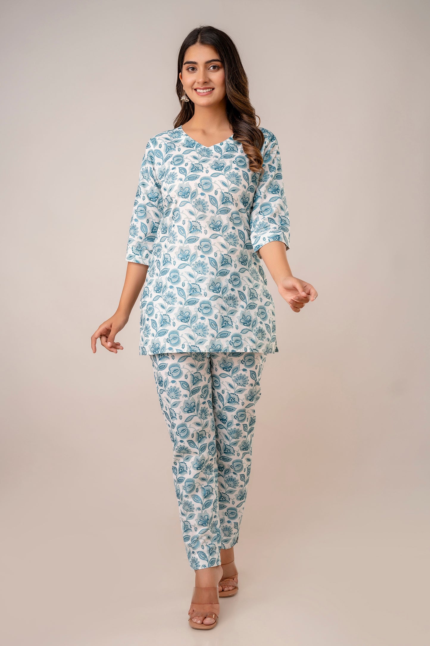 White and blue pure cotton floral co-ord set