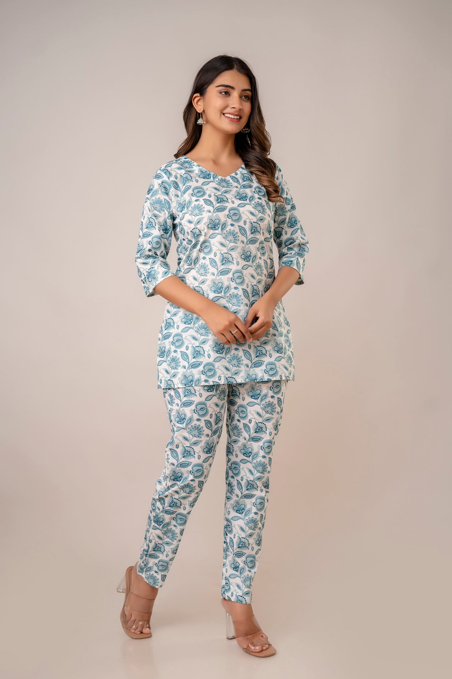 White and blue pure cotton floral co-ord set