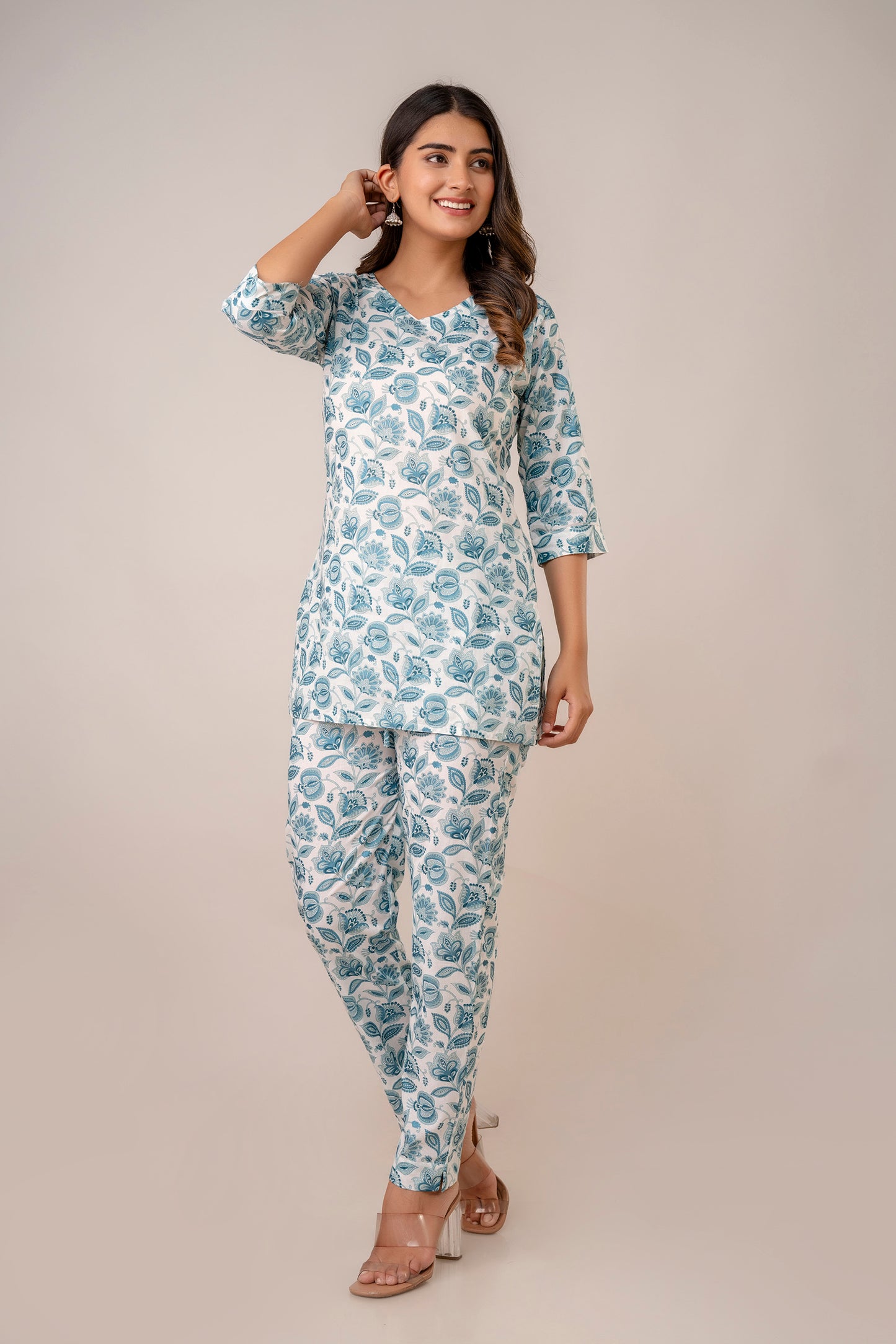 White and blue pure cotton floral co-ord set