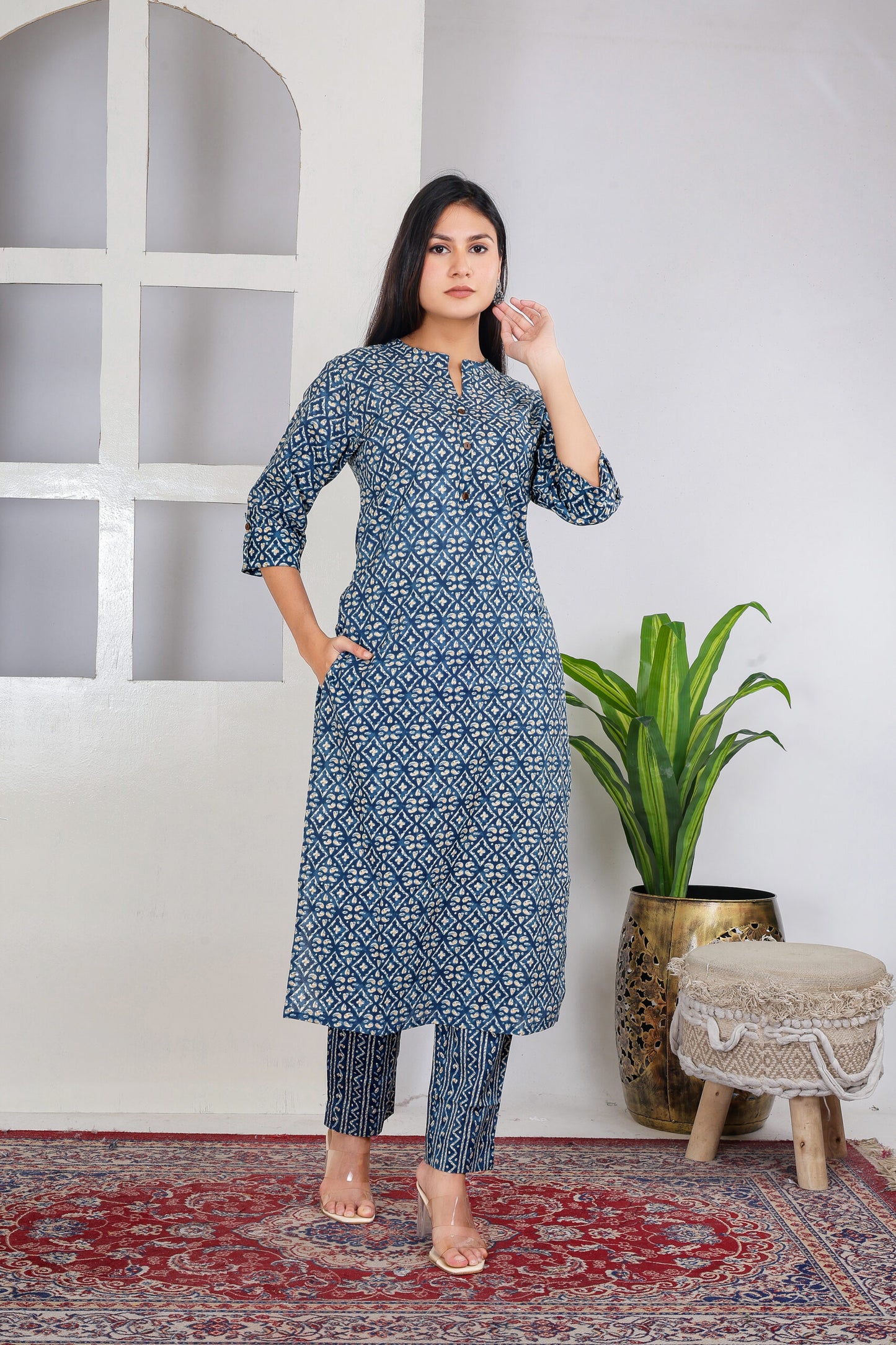 Dark blue motif kurta pant set