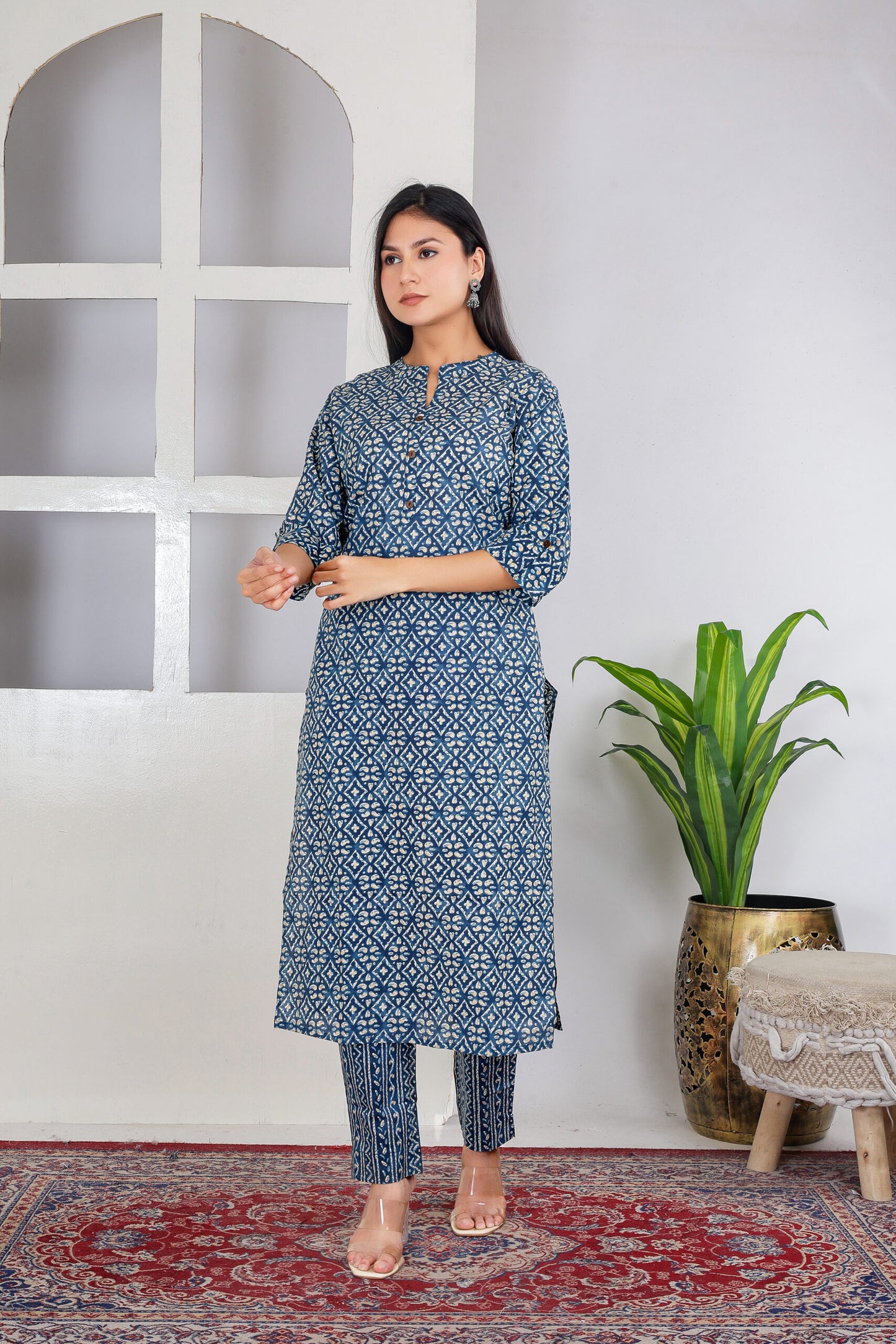 Dark blue motif kurta pant set