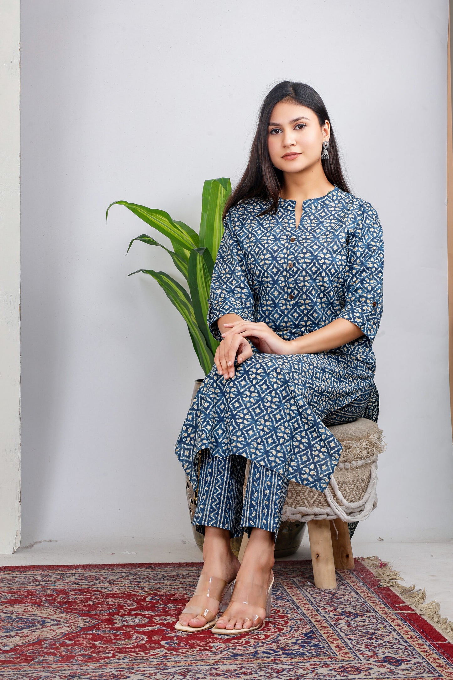 Dark blue motif kurta pant set