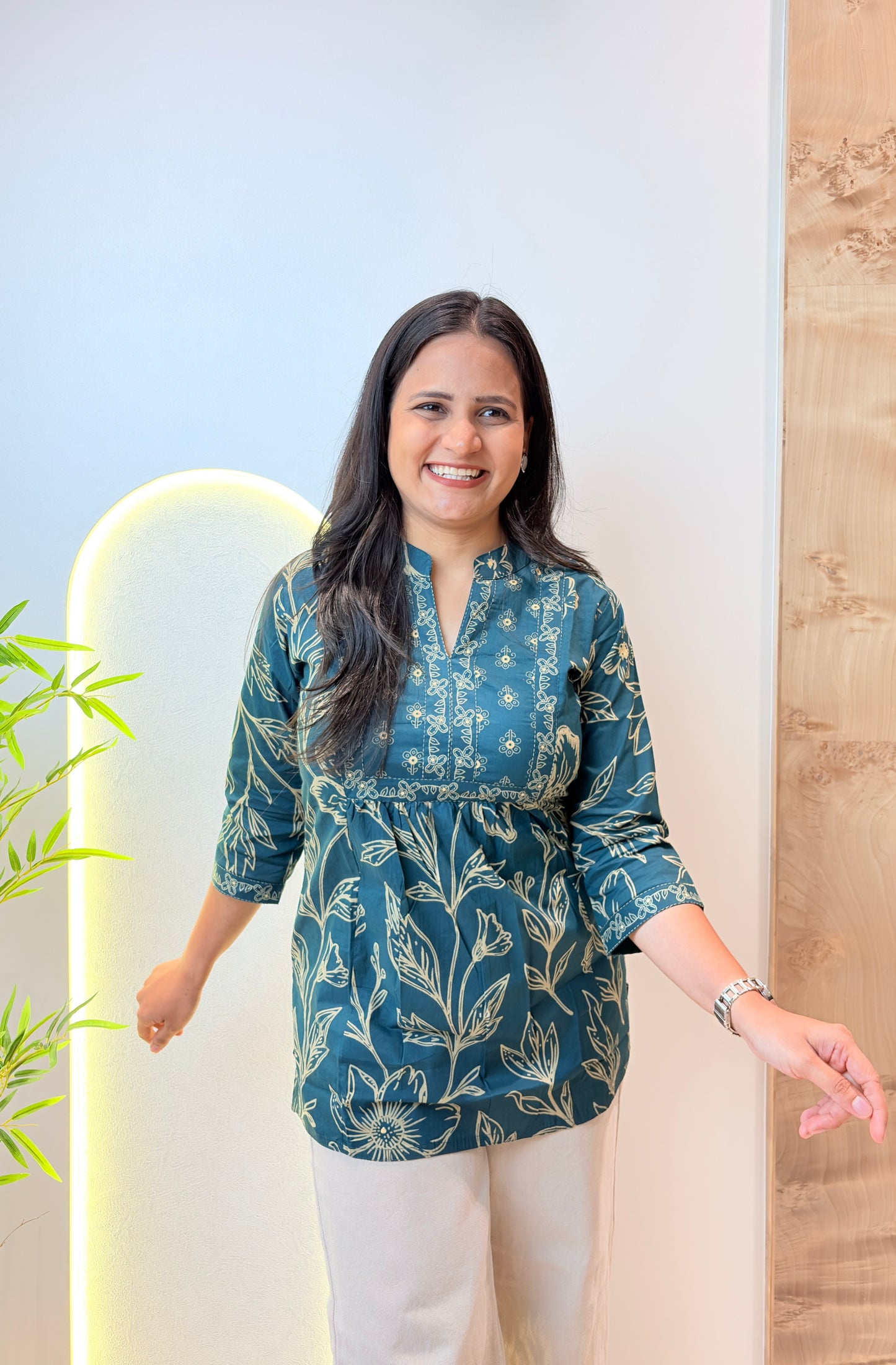 Dark Green Floral Printed Short Kurta