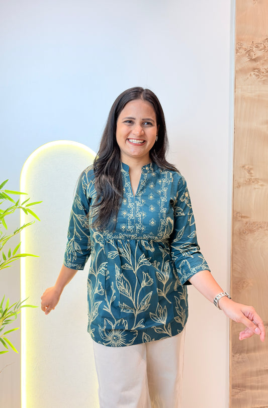 Dark Green Floral Printed Short Kurta