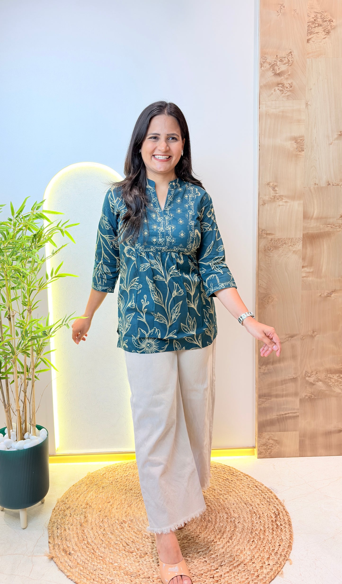Dark Green Floral Printed Short Kurta
