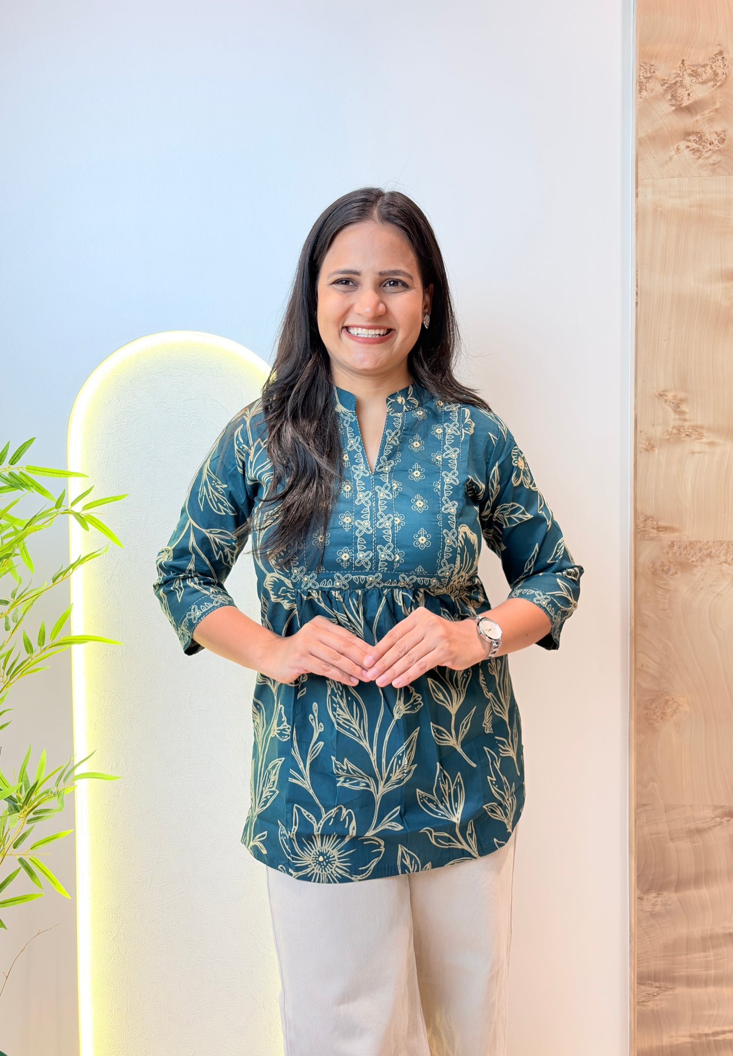 Dark Green Floral Printed Short Kurta