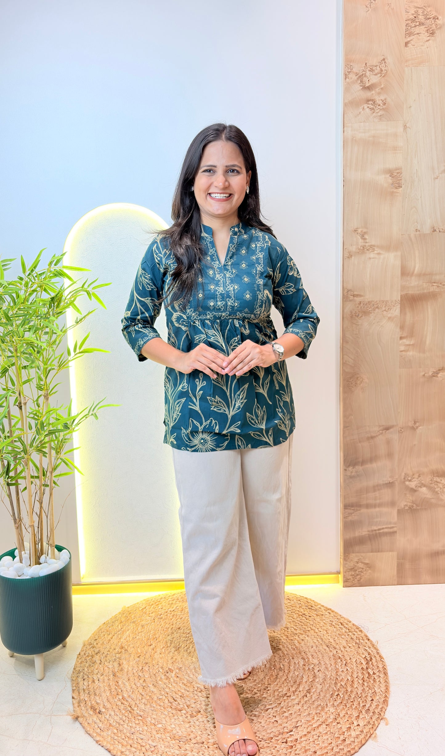 Dark Green Floral Printed Short Kurta