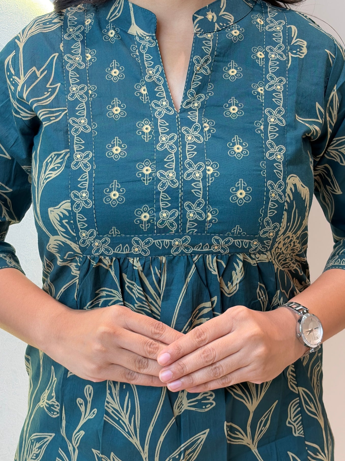 Dark Green Floral Printed Short Kurta