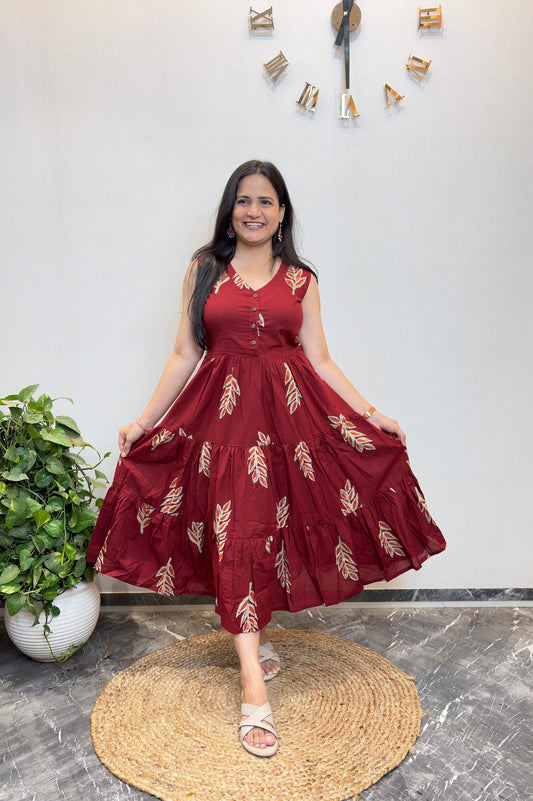 "Ditya" Leaf Print Pure Cotton Summer Dress