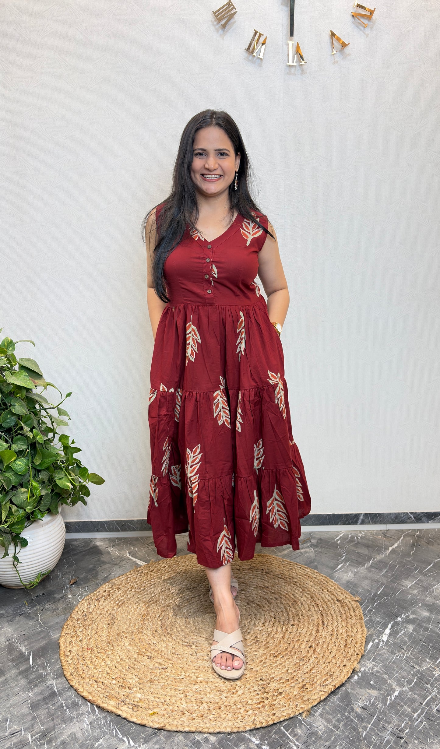 "Ditya" Leaf Print Pure Cotton Summer Dress