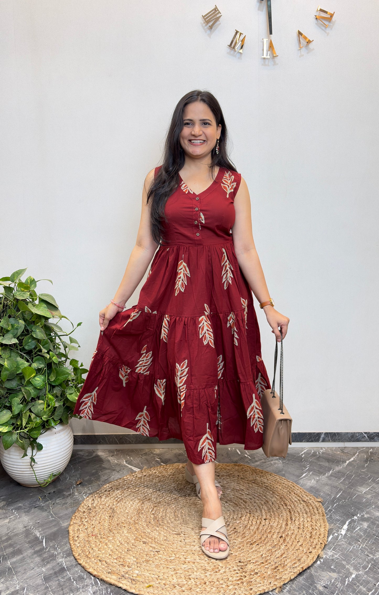 "Ditya" Leaf Print Pure Cotton Summer Dress