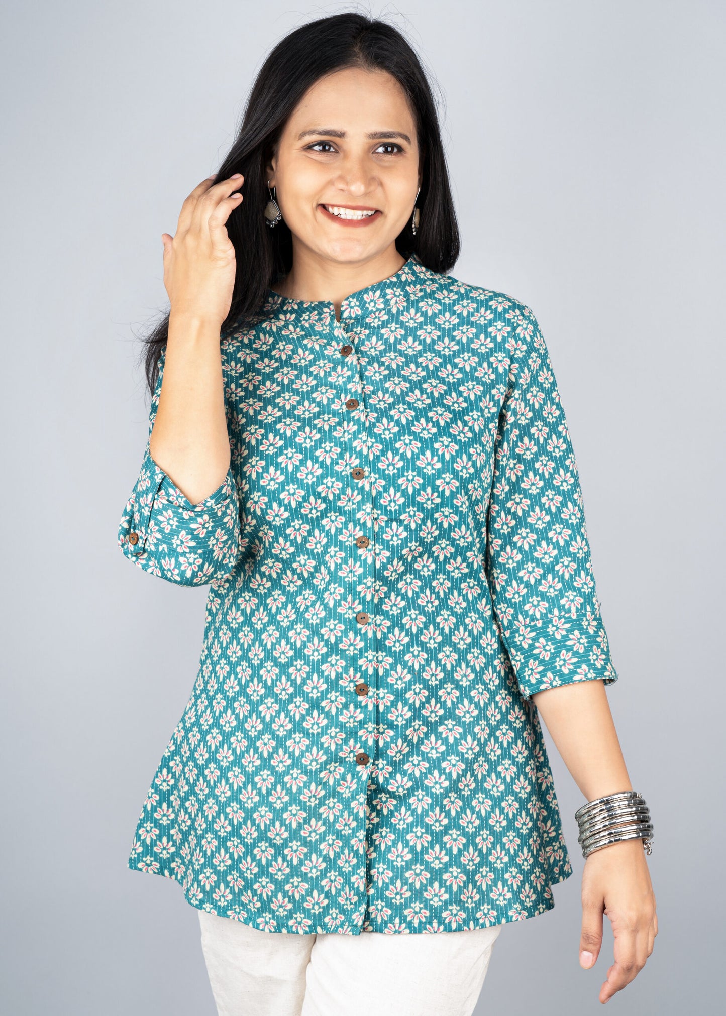 Floral Kantha Print A-line Short Kurta