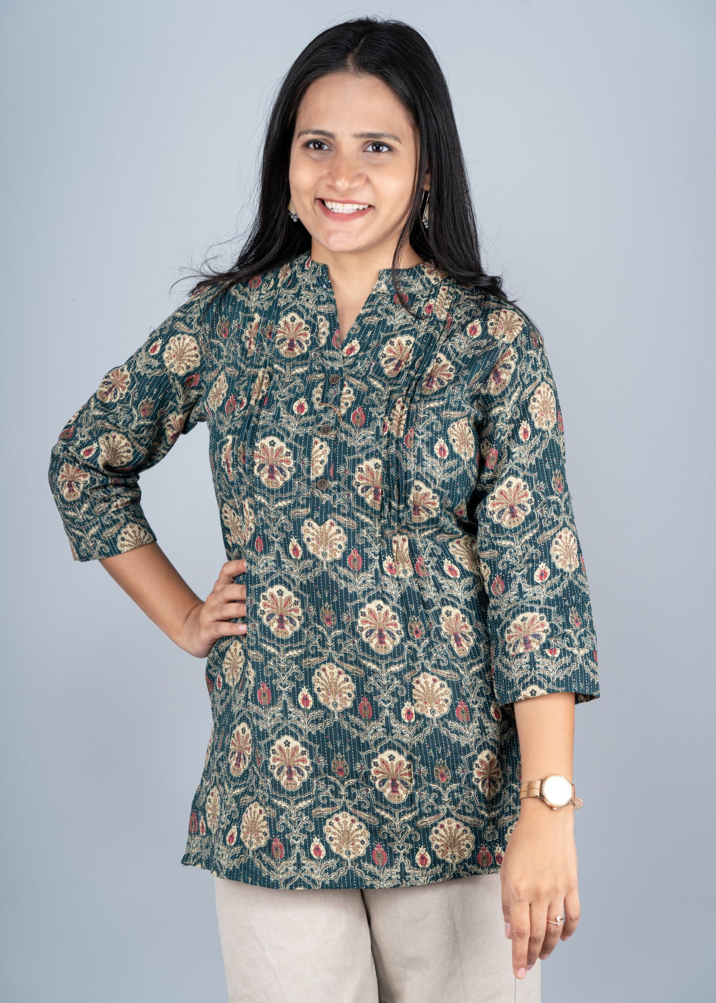 Forest Green Kantha Printed Pintex Short Kurta