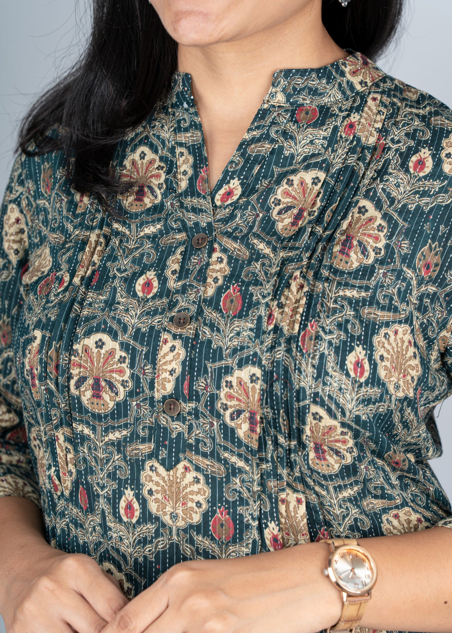 Forest Green Kantha Printed Pintex Short Kurta