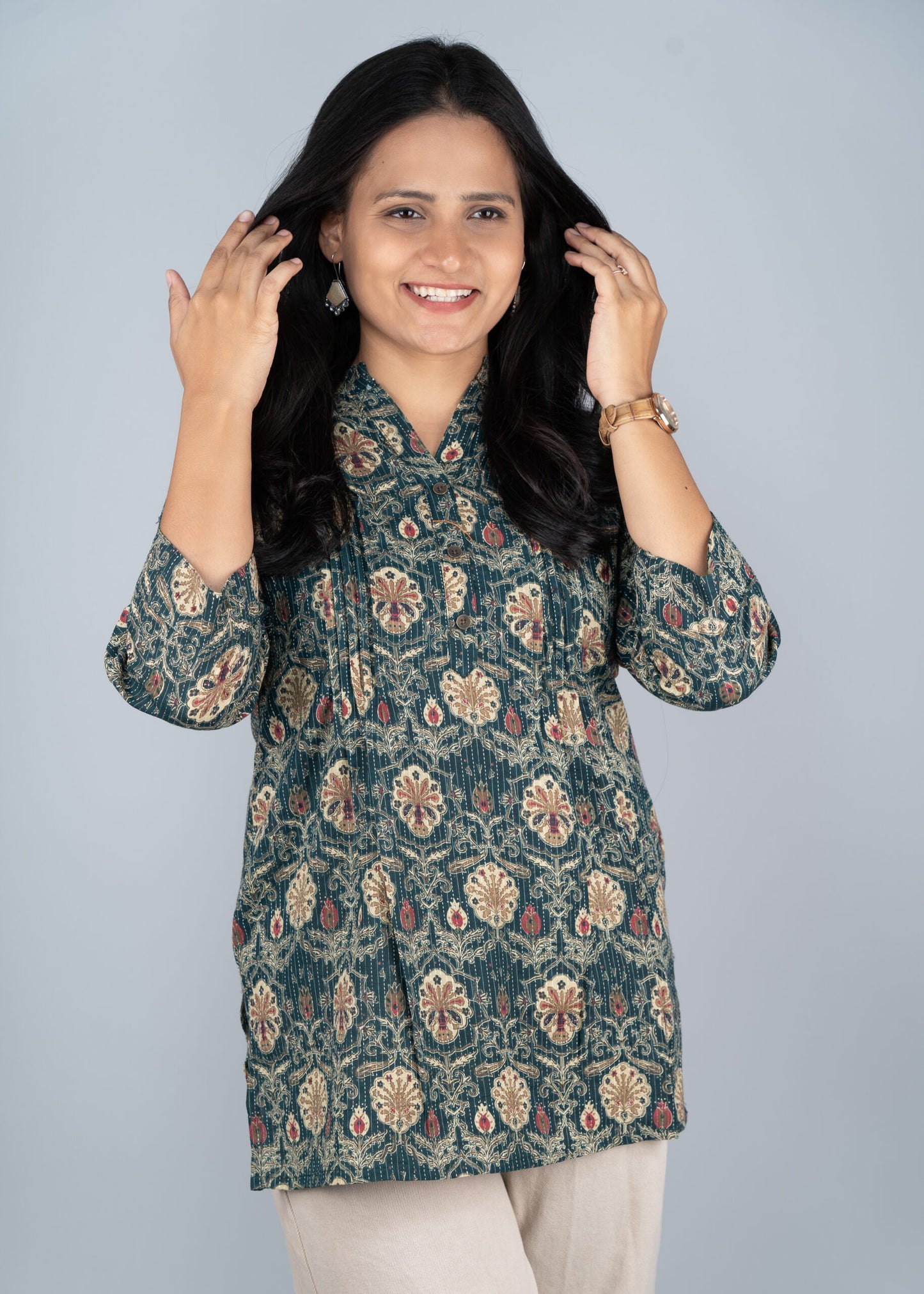 Forest Green Kantha Printed Pintex Short Kurta