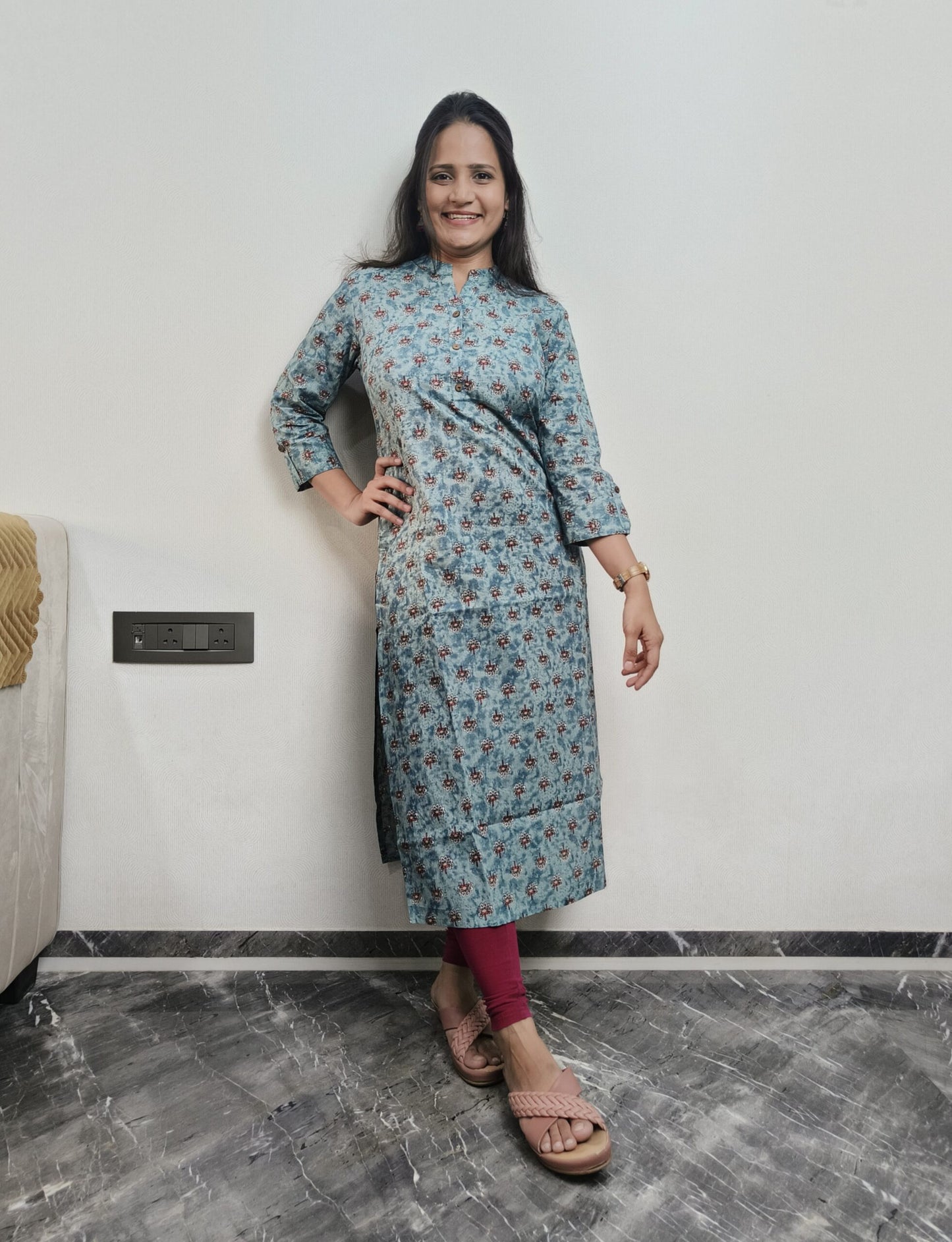 Frost blue long kurta with red motifs