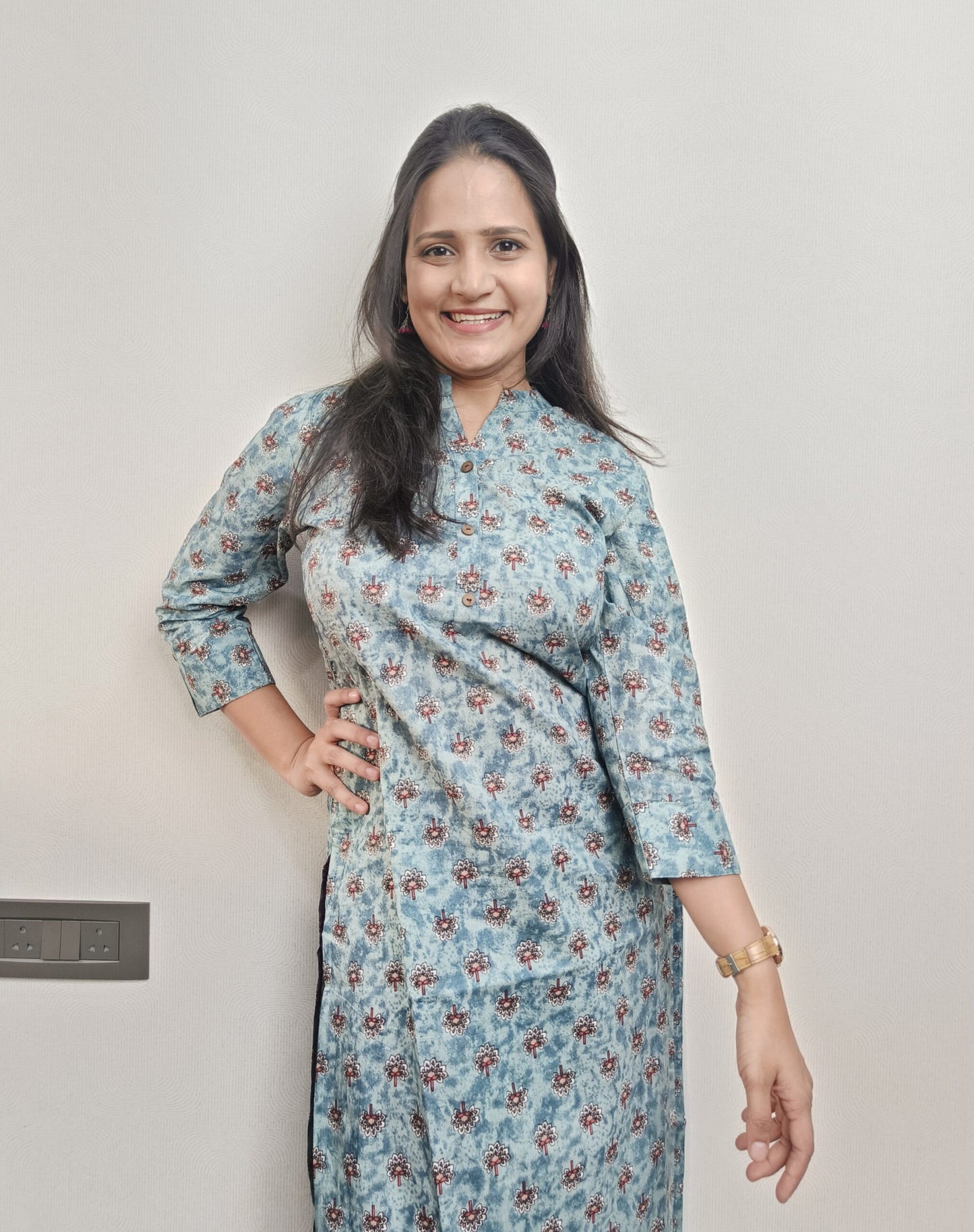 Frost blue long kurta with red motifs