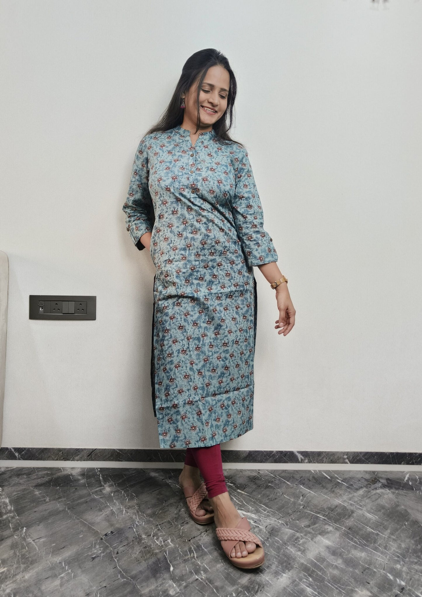 Frost blue long kurta with red motifs