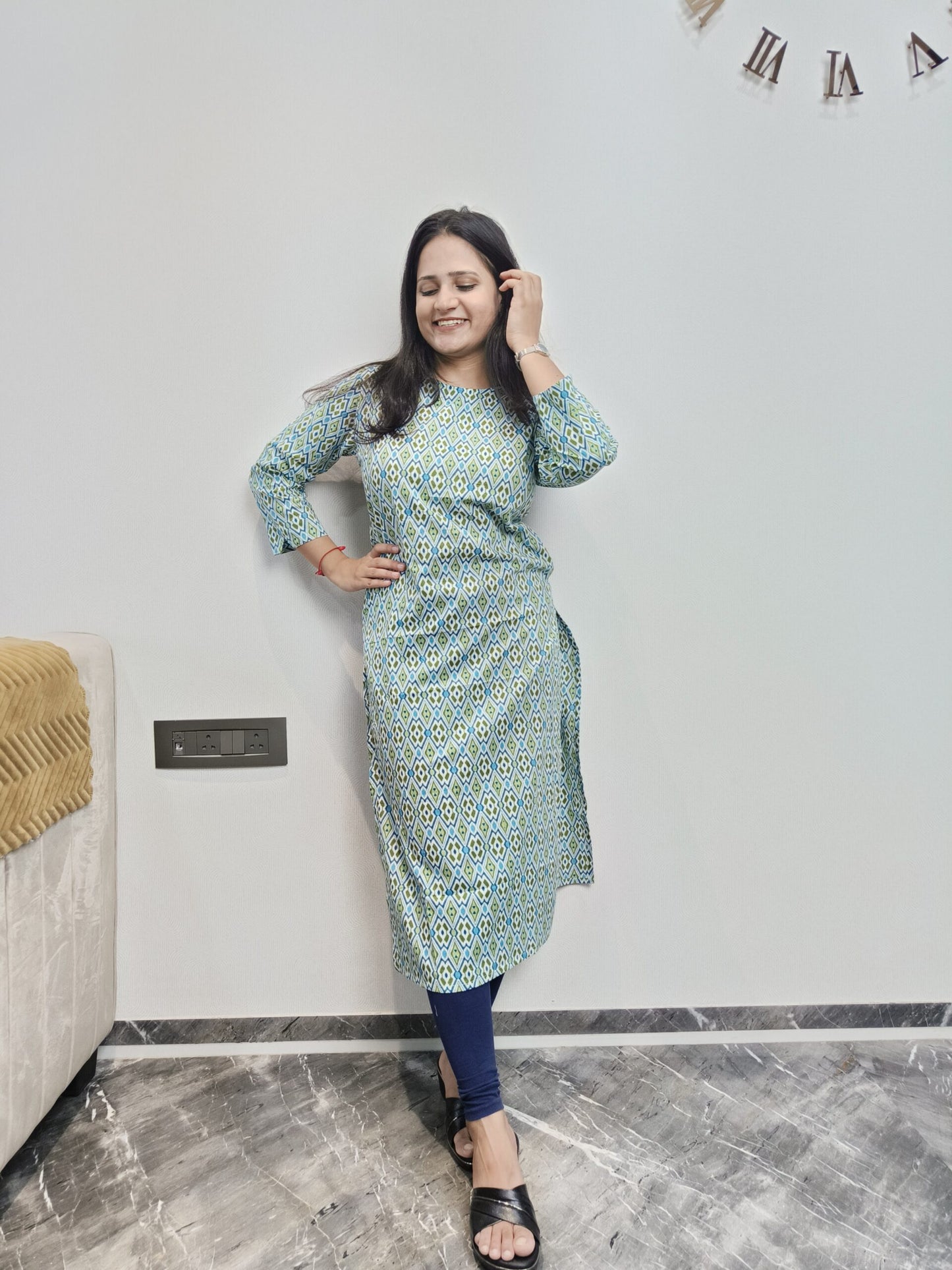 Green and blue ikat print long kurta