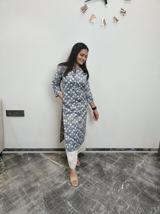 Grey long kurta with cream and golden leaf print