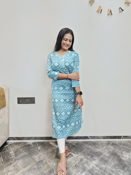 Greyish blue geometric print long kurta