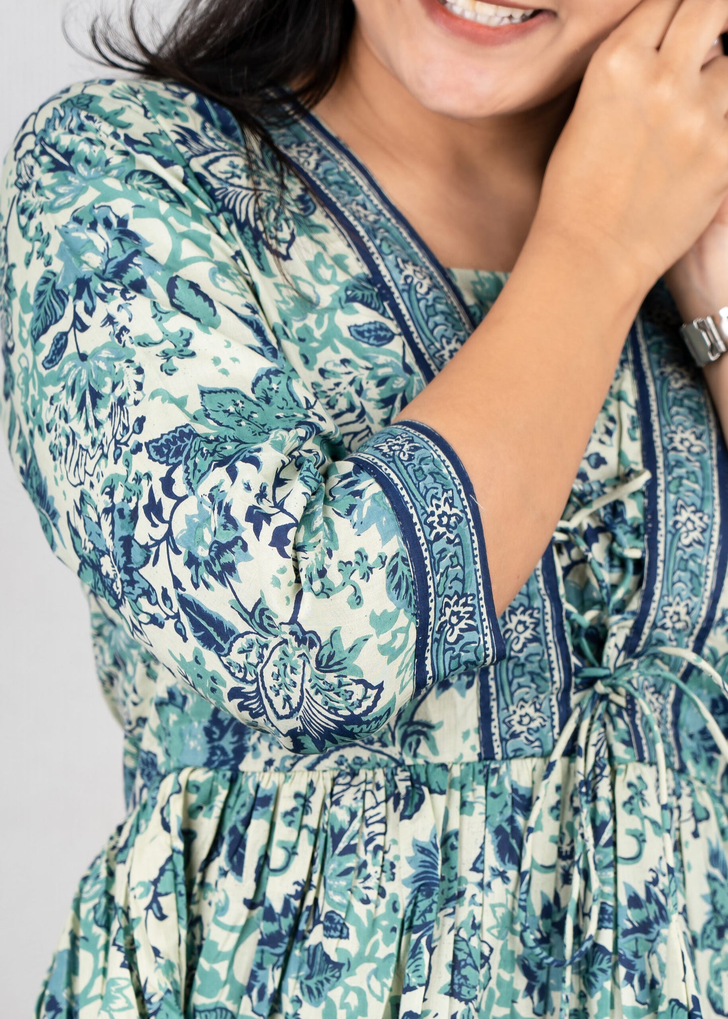 Green and Indigo floral peplum top