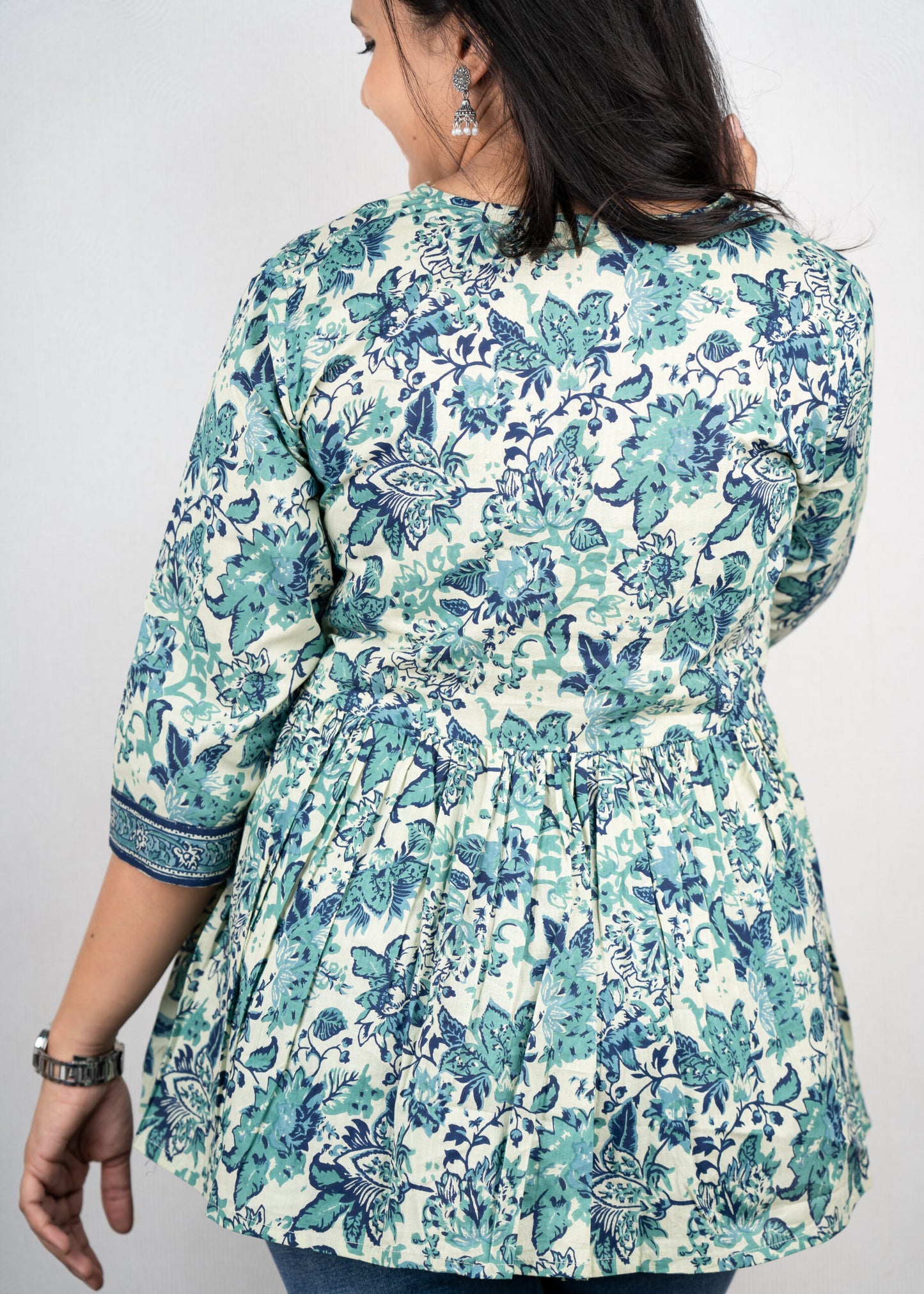 Green and Indigo floral peplum top