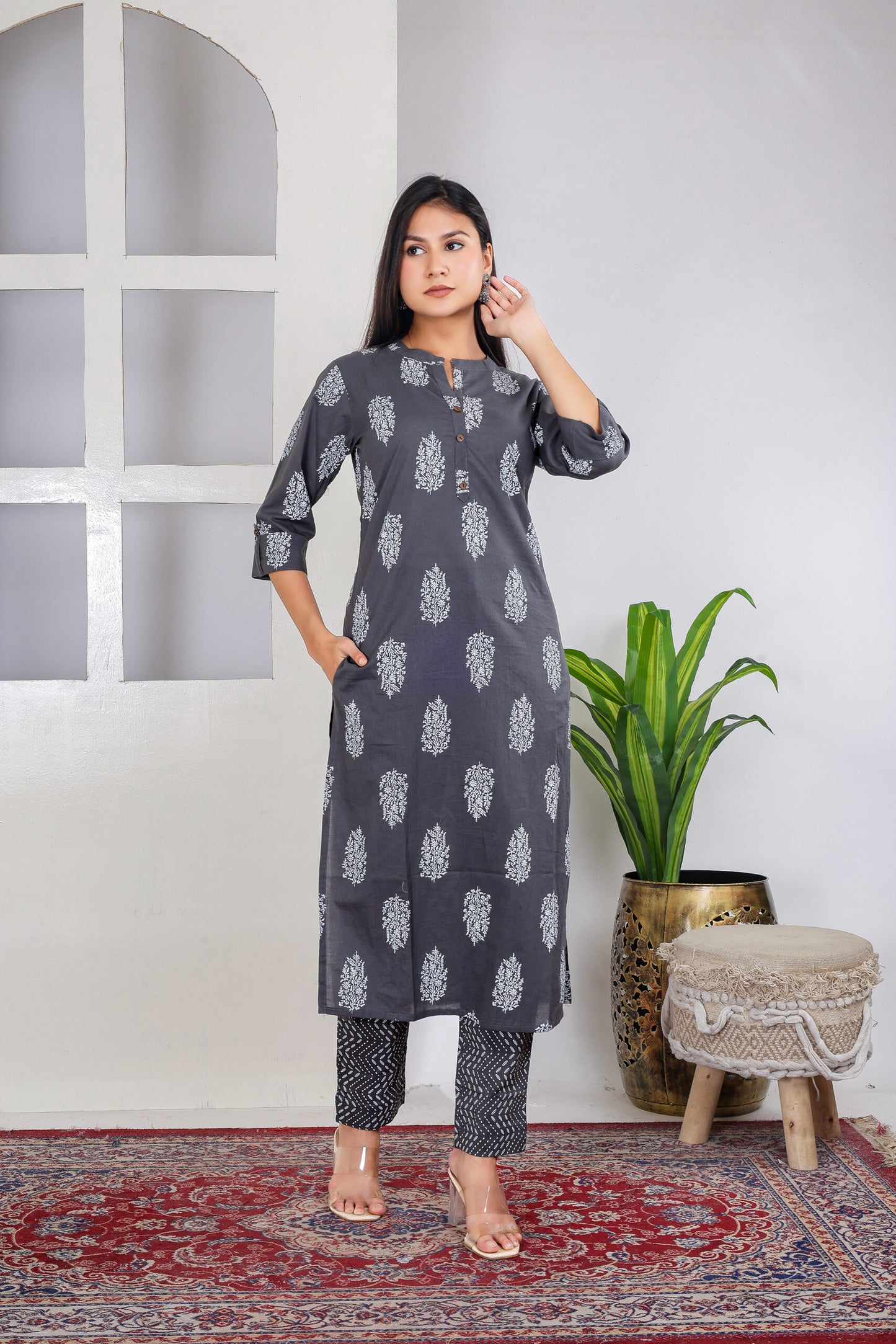 Grey and white motif kurta pant set