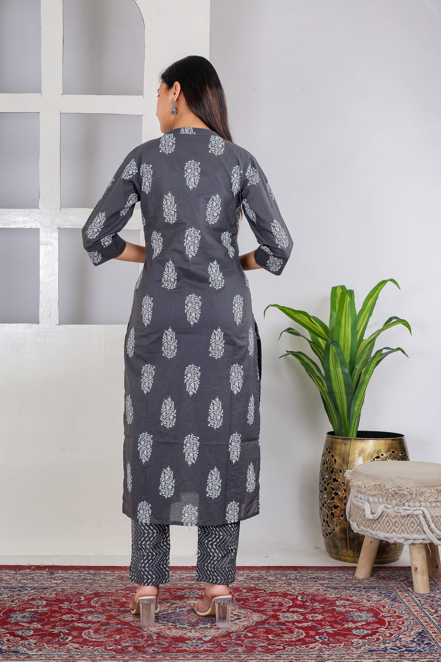 Grey and white motif kurta pant set